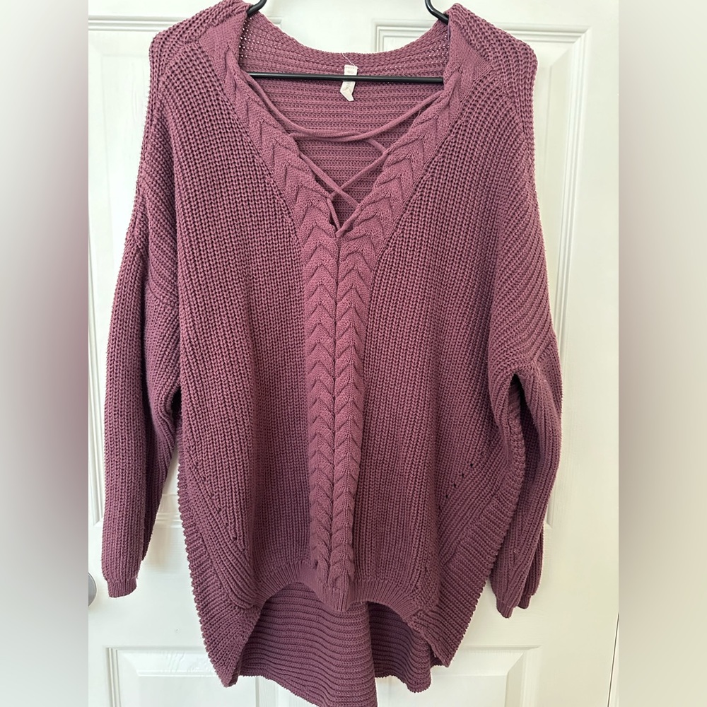 Wishlist Purple M/L Oversized Pullover Sweater With Lace Up Neckline